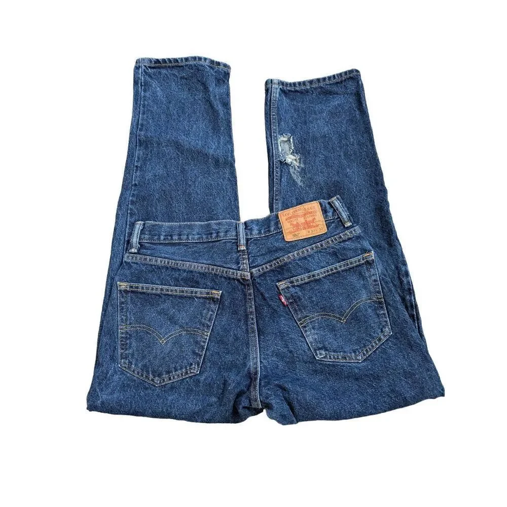 Levi's Men's Blue Dark-Wash Mid-Rise Distressed Leg Denim Jeans Size 34/32